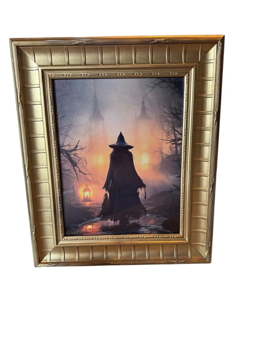 Framed Witch Silhouette Wall Canvas Art in Heavy Gold Wooden Frame 20”x17”
